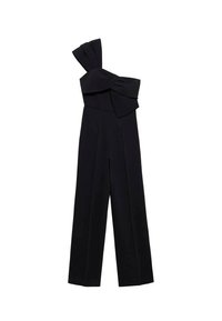 Black jumpsuit with one shoulder design, featuring a large bow accent. Made of smooth fabric, with wide legs and a tailored fit.