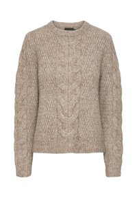 Beiger Strickpullover mit Rundhalsausschnitt, mit strukturierten Mustern sowie gerippten Bündchen und Saum. Hergestellt aus weicher, grober Wolle.