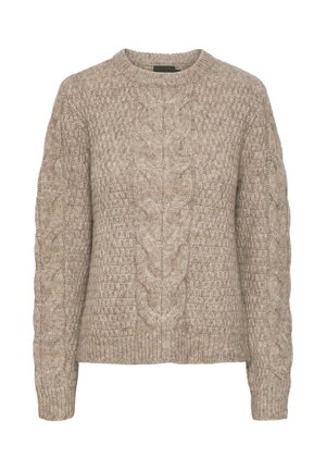 Suéter beige de punto grueso con cuello redondo, que presenta patrones texturizados y puños y dobladillo acanalados. Hecho de un hilo grueso y suave.