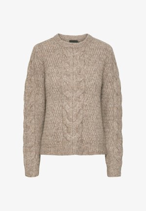 Suéter beige de punto grueso con cuello redondo, que presenta patrones texturizados y puños y dobladillo acanalados. Hecho de un hilo grueso y suave.