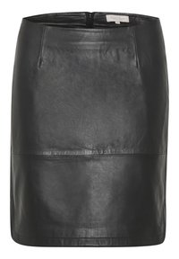 Jupe en cuir noir avec un design simple, des lignes épurées, une texture lisse et une fermeture éclair au dos.