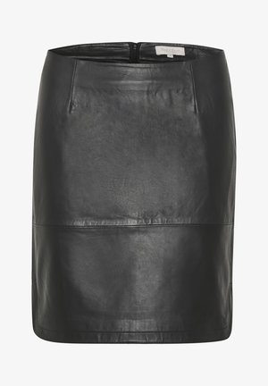 Melnas ādas svārki ar vienkāršu dizainu, skaidrām līnijām, gludu tekstūru un aizmugurējo rāvējslēdzēju aizdarei.