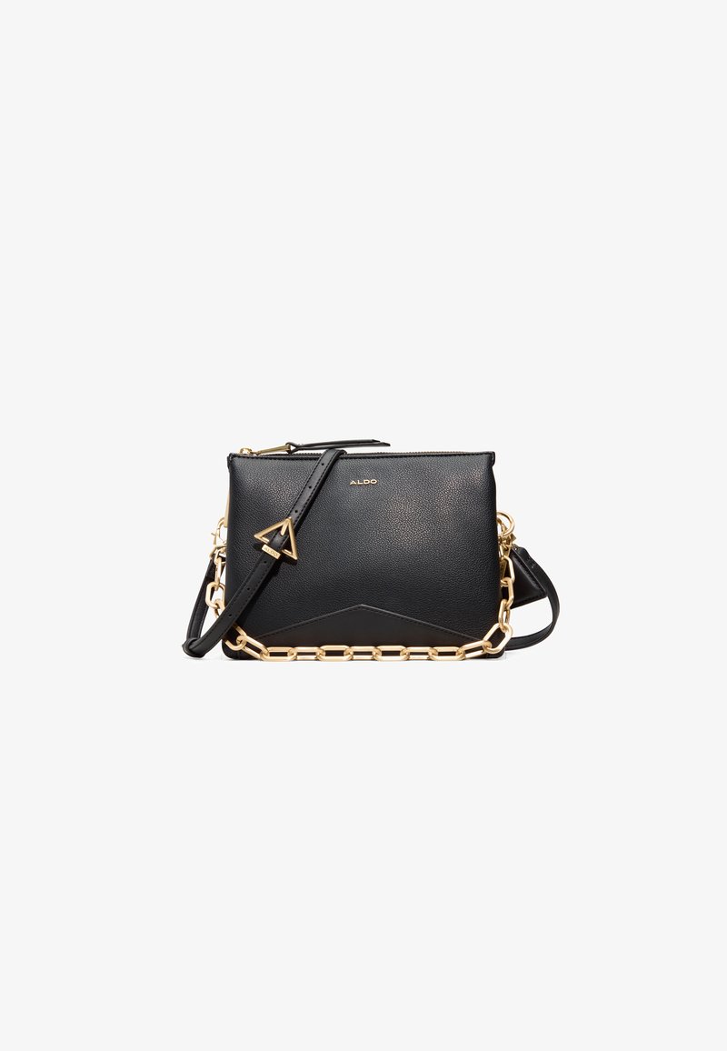 Czarna skórzana torebka na ramię z teksturowanym wykończeniem, złotym łańcuszkiem i regulowanym paskiem; charakteryzuje się geometrycznym kształtem i zapięciem na zamek.