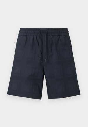 Shorts homme bleu marine avec taille élastique et cordon, avec un motif à carreaux discret.