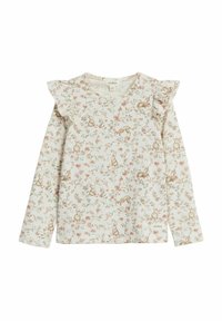Kaksiosainen lasten long-sleeve paita vaaleassa värissä, jossa on kukkakuosi eläimillä. Hieman rypytetyt olkasaumakohdat ja pyöreä kaula-aukko. Pehmeä, puuvillamateriaali.