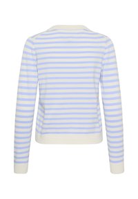 Pull à manches longues avec rayures horizontales bleu clair et blanches, poignets et taille côtelés, vu de dos sur fond blanc.