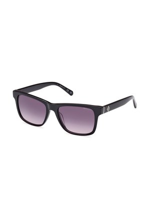 Gafas de sol rectangulares negras con lentes degradados en púrpura, con un acabado mate y un acento metálico de marca en la varilla.