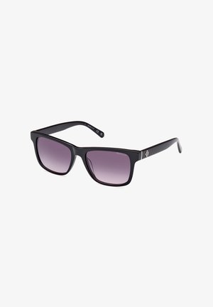 Black rectangular sunglasses with gradient purple lenses, featuring a matte finish and branded metal accent on the arm.
