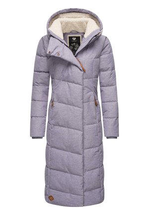 Long, padded coat in light lavender with a faux fur-lined hood and light brown accents. Features diagonal quilted pattern and side pockets.