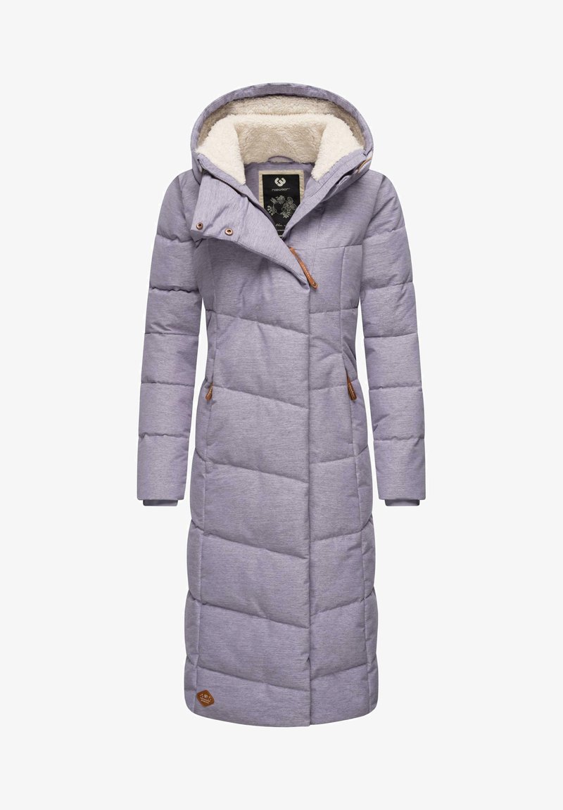 Garšīgs, pildīts mētelis gaiši lavandas krāsā ar mākslīgās kažokādas kapuci un gaiši brūnām detaļām. Tam ir diagonāls pāršūšanas raksts un sānu kabatas.