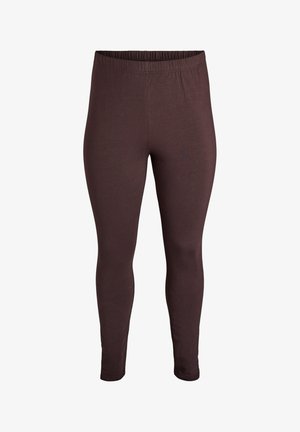 Brouwn leggings van een rekbare, zachte stof, met een elastische tailleband en een gladde textuur. Geen zichtbare patronen of hardware.