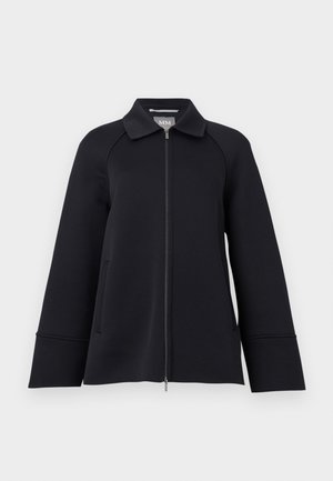 Black zip-up jacket with wide cuffs, a pointed collar, and side pockets, displayed on a plain light background.