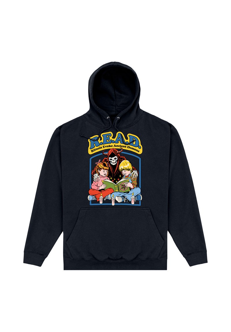 Zwarte hoodie met een grafische print van twee kinderen en een skelet dat leest, met de tekst "READ" en kleurrijke accenten. Voorkant met kangoeroezak.