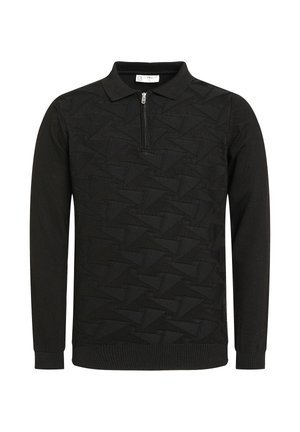 Polo a maniche lunghe nero da uomo in maglia con motivo geometrico testurizzato e zip corta davanti sotto il colletto, polsini e orlo a costine.