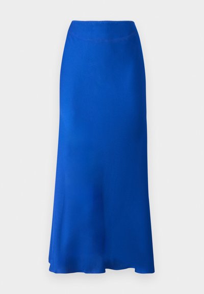 Saia de cetim azul com um design evasé, apresentando uma textura suave e uma cintura confortável. A bainha cai logo abaixo do joelho.