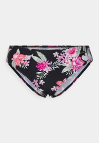 Juodai su rožinėmis ir baltomis tropinių gėlių raštais bikini apatinės dalys. Jos pasižymi minkšta medžiaga, vidutinio aukščio dizainu ir elastingu juosmeniu.