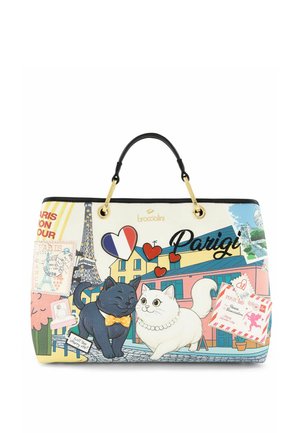 Borsa a mano con tema Parigi che mostra la Torre Eiffel, due gatti con cuori, la bandiera francese, cartoline e testo "Parigi", manico nero con catene dorate.