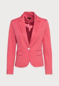 Pink blazer med skræddersyet pasform, klappeslag, to frontlommer og en enkelt hvid knaplukning. Glat tekstur og satinfore.