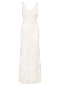 Langes, ärmelloses Kleid in Creme mit floraler Spitzenauflage, V-Ausschnitt, figurbetontem Schnitt und bodenlanger Saum, der subtile Textur und Design präsentiert.