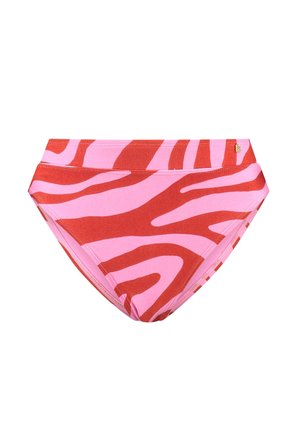 Red and pink bikini bottom with a zebra stripe pattern, high-waisted design, smooth texture, and elastic waistband. Gold logo detail.