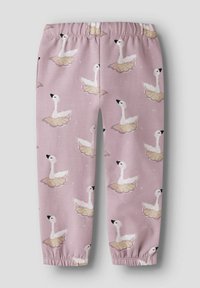 Ružičaste dječje hlače na elastiku s uzorkom ponavljajuće bijele labudice koja nosi bež tutu.