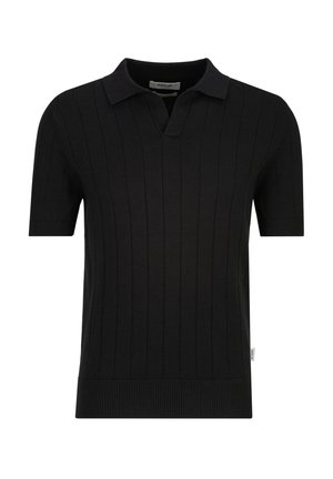 Zwart kort mouw gebreid poloshirt met verticale ribbels, open kraag en klein wit merklipje op de linker zijnaden.