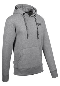 Graue Kapuzenjacke aus weichem Stoff, mit einer Fronttasche, schwarz-weißen karierten Kordeln und gesticktem Logodetail auf der Brust.