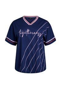 Navy blue sports shirt with short sleeves, v-neck, pink stripe accents, and white "togetherness" text with wavy lines across the front.