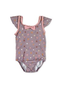 Lila Badeanzug mit Herzmuster in Pink, Orange und Braun. Verfügt über fließende Ärmel und ein pinkes Schleifchendetail an der Vorderseite.