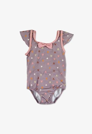 Lila Badeanzug mit Herzmuster in Pink, Orange und Braun. Verfügt über fließende Ärmel und ein pinkes Schleifchendetail an der Vorderseite.