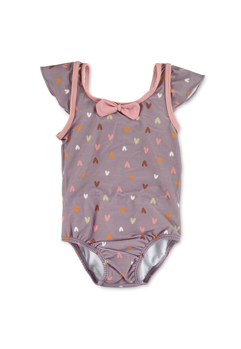 Lila Badeanzug mit Herzmuster in Pink, Orange und Braun. Verfügt über fließende Ärmel und ein pinkes Schleifchendetail an der Vorderseite.