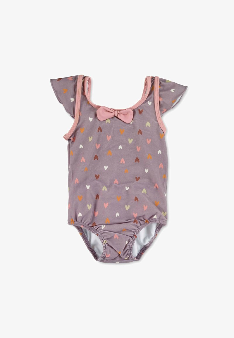 Lila Badeanzug mit Herzmuster in Pink, Orange und Braun. Verfügt über fließende Ärmel und ein pinkes Schleifchendetail an der Vorderseite.