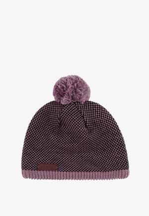 Strickmütze in Dunkelviolett mit einem helleren lila Rand und einem Bommel oben. An der Seite befindet sich ein Etikett mit dem Markennamen.