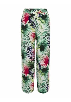 Wijde broek met een tropische print van groene bladeren, rode en zwarte accenten. Gemaakt van lichtgewicht stof. Met een elastische tailleband.