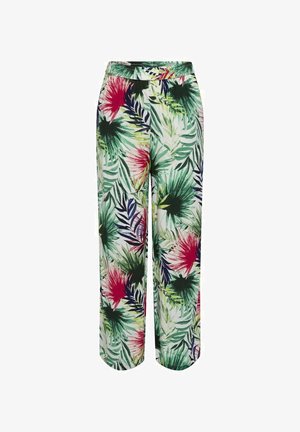 Wijde broek met een tropische print van groene bladeren, rode en zwarte accenten. Gemaakt van lichtgewicht stof. Met een elastische tailleband.
