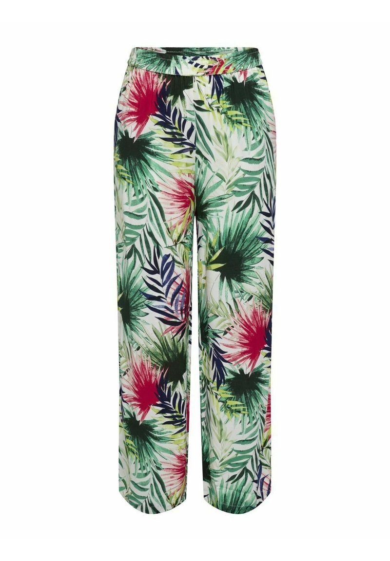 Breda byxor med ett tropiskt mönster med gröna löv, röda och svarta accenter. Tillverkade av lättviktsmaterial. Elastisk midja.