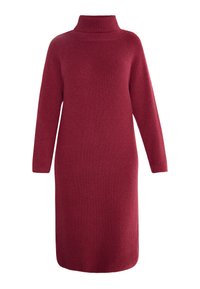 Burgundy neulepuku, jossa on korkea kaulus, pitkät hihat ja suora siluetti. Kankaan pinnassa on ribbikuviointi.