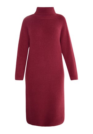 Burgundska pletena obleka z visokim ovratnikom, dolgimi rokavi in ravno silhueto. Tkanina ima vso svojo površino ribasto strukturo.