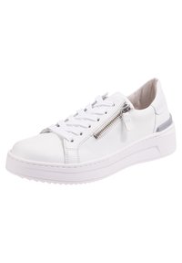 White leather sneaker with flat laces, side zipper detail, and rubber sole. Features smooth texture and a raised, solid white midsole.
