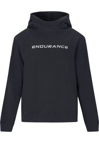 Schwarzer Hoodie aus weichem Material, mit einer vorderen Kängurutasche und einer Kapuze mit Kordelzug. "ENDURANCE"-Logo in Weiß auf der Brust gedruckt.