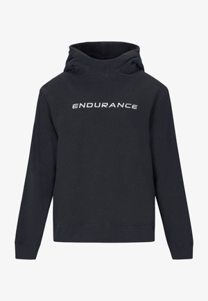 Sort hættetrøje lavet af blødt stof, med en frontkængurulomme og hætte med snor. "ENDURANCE" logoet er trykt i hvidt på brystet.