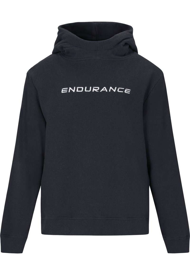 Schwarzer Hoodie aus weichem Material, mit einer vorderen Kängurutasche und einer Kapuze mit Kordelzug. "ENDURANCE"-Logo in Weiß auf der Brust gedruckt.