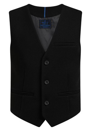 Sort tekstureret herrevest med tre knapper, to sidelommer, en brystlomme og et mærke med teksten "Dress up like a gentleman."
