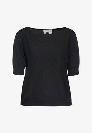 Črna majica s kratkimi rokavi z širokim izrezom in rebrastimi manšetami, izdelana iz lahke teksturirane tkanine. Preprost, sproščen dizajn.