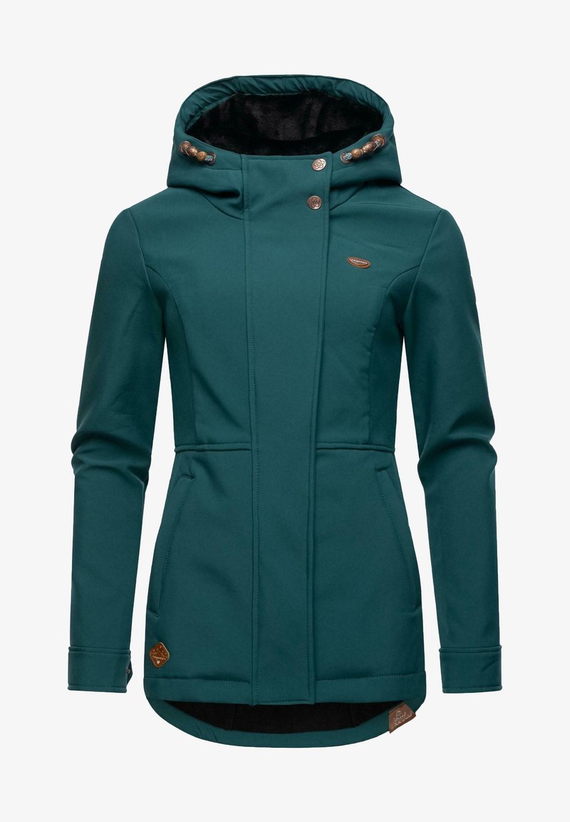 Veste à capuche pour femme de couleur sarcelle avec boutons sur le devant, poches latérales et doublure en fausse fourrure à l'intérieur de la capuche, conçue pour temps froid.