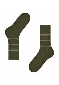 Calzini verde oliva con una texture a costine, caratterizzati da due strisce orizzontali grigio chiaro vicino alla parte superiore. Progettati per comfort e vestibilità.