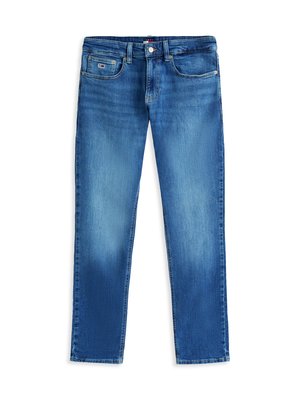 Blaue Jeans aus Denim mit abgewetzten Stellen, Frontknopf und Reißverschluss, Gürtelschlaufen und fünf Taschen, darunter eine kleine gebrandete Münztasche.