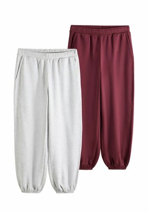Two pairs of elastic waist jogger pants with side pockets, one light gray and one dark red, shown on a white background.