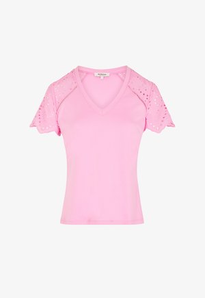 Pink short-sleeve V-neck top with eyelet lace detailing on sleeves and shoulders, branded label inside collar.