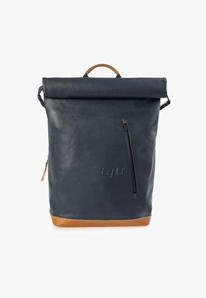 Dark blue leather roll-top backpack with brown handle and base, vertical front zipper pocket, and subtle embossed "a/u" logo on front.